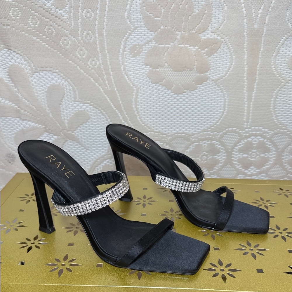 🪣🧽 RAYE Artemis Heel Open-Toed Black Satin Heels with Crystal Strap Size 9 - Picture 2 of 8